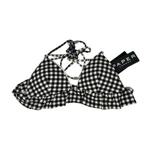 Paper London Womens Ruffle Bikini Swim Top Sz Small Black Cream Gingham Padded
